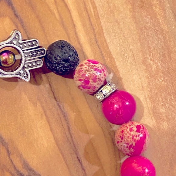 *NEW* Pink Sea Sediment Jasper & Hamsa Charm Bracelet 7” - Picture 2 of 2